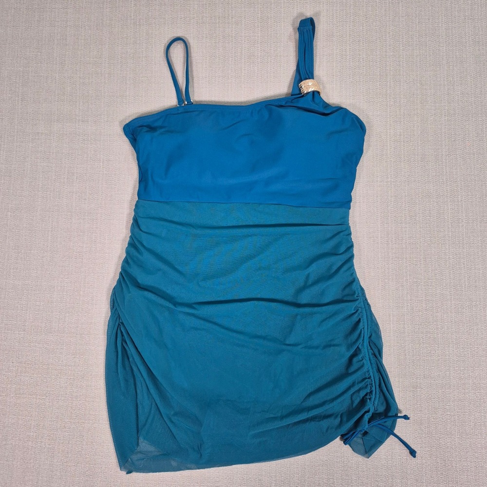 Aidonger Blue One Shoulder Mesh Swim Dress Ruched One Piece Swimsuit XL NWOT